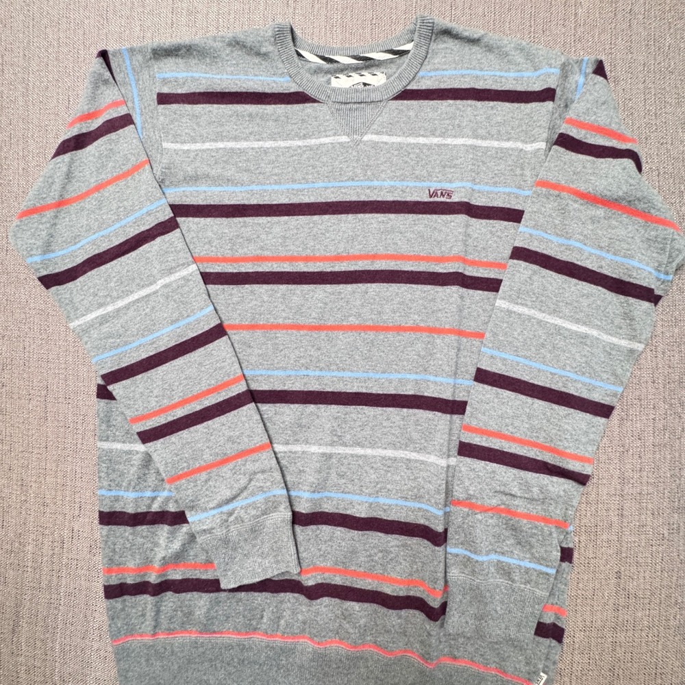 Vans Off The Wall Mens XL Gray Striped Cotton Knit Crewneck Sweater Long Sleeve